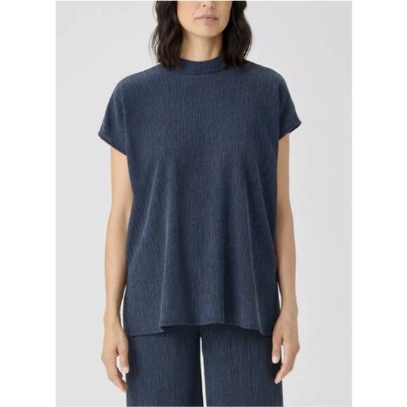 Eileen Fisher Tops - Eileen Fisher Teal-Blue Woven Plisse Mock Neck Top Crepe Tencel Short Sleeve S
